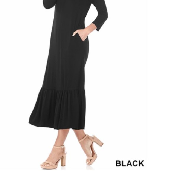 Black Maxi Dress 3/4 Sleeve - Tiered - Pockets - Relaxed - Loose fitting Maxi - Picture 5 of 6